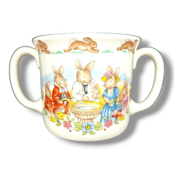 Vintage Royal Doulton England BUNNYKINS Double Handle Mug Christening Scene - Picture 1 of 8